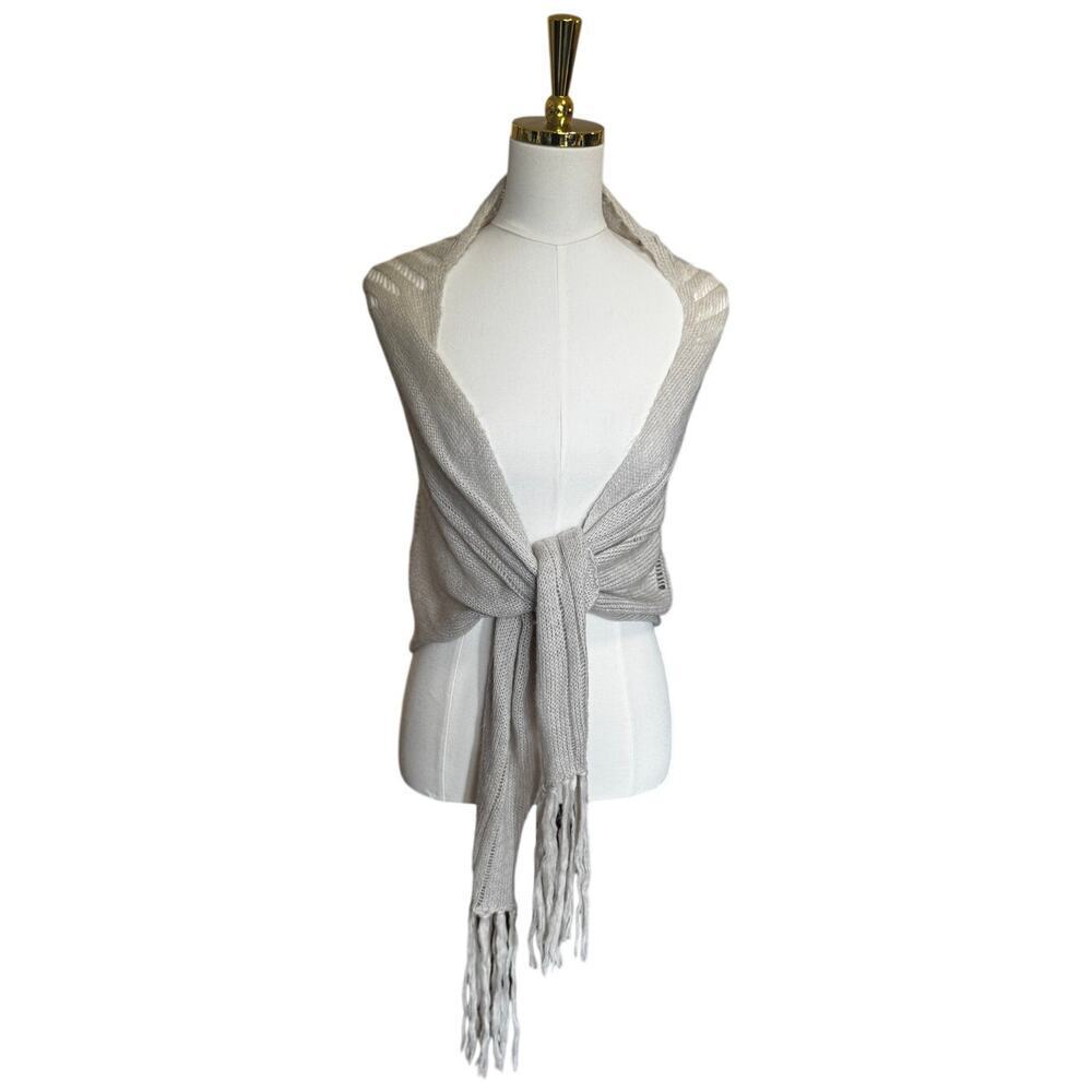 Free People Knit Wrap Scarf Shawl Fringe Convertible Boho Cream 72” Wide